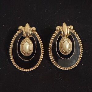 Vintage Gold and Cream Statement Earrings | Elegant Oval Drop | Retro Glam
